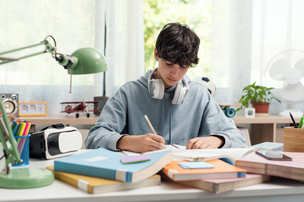 Teenager studying at home alone